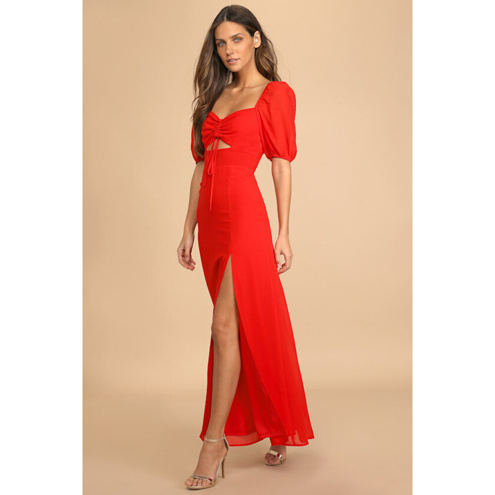 Lulus True Romantic Red Ruched Puff Sleeve Maxi Dress - Size S